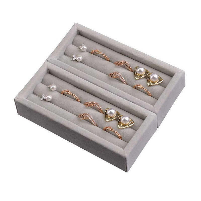 DesignSter Small Jewelry Tray, 2PCS Ring Organizer, Velvet Jewelry Display Tray, Stackable Jewelry Organizer Trays, Jewelry Drawer Organizer Inserts For Dresser, Jewelry Box (Gray) - Image 1